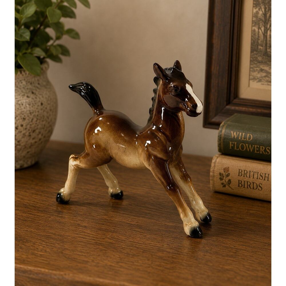 Vintage Japan Porcelain Horse Figurine Bay Foal Colt Prancing Glossy Mid Century